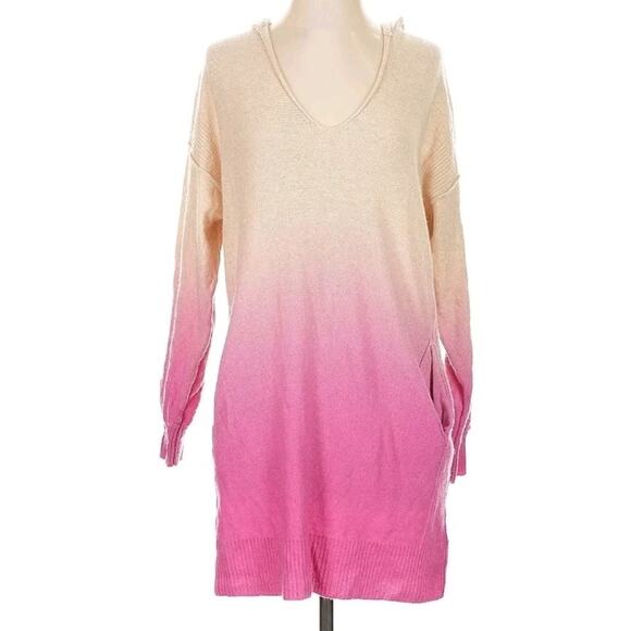 Free People Sweater Dress Tunic S 100% Cashmere Cream Pink Ombre Hooded, Pockets - Picture 2 of 10